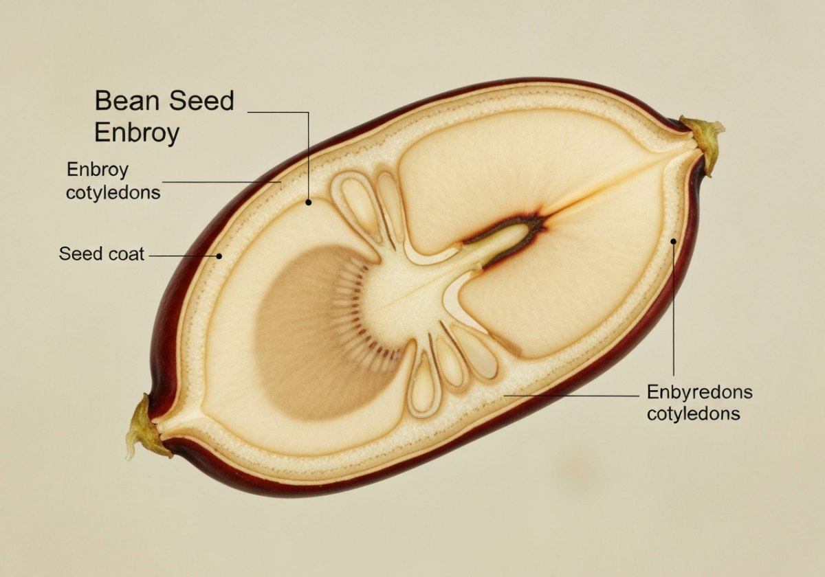Inside a seed: the embryo, its stored food (cotyledons or endosperm), and the protective seed coat (testa). (imagem gerada por IA)