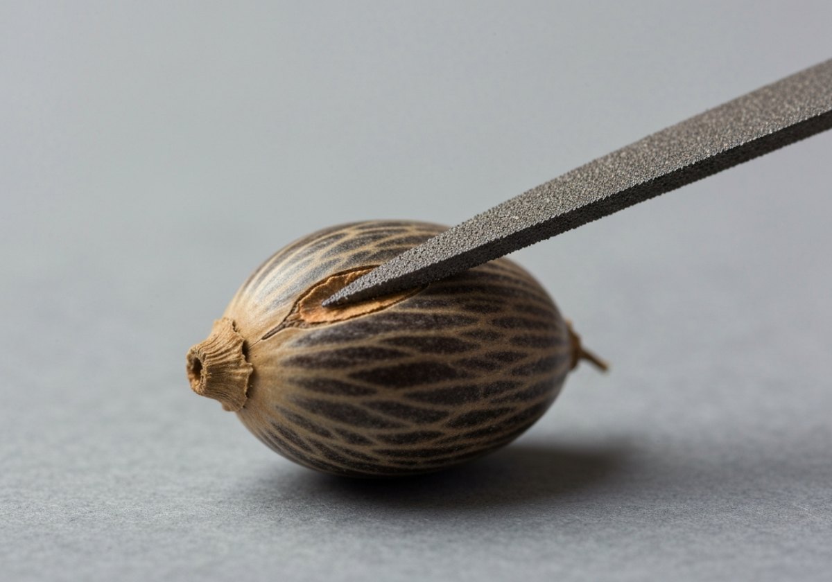 Scarifying a hard-coated Canna seed: a small nick through the coat lets water reach the embryo. (imagem gerada por IA)