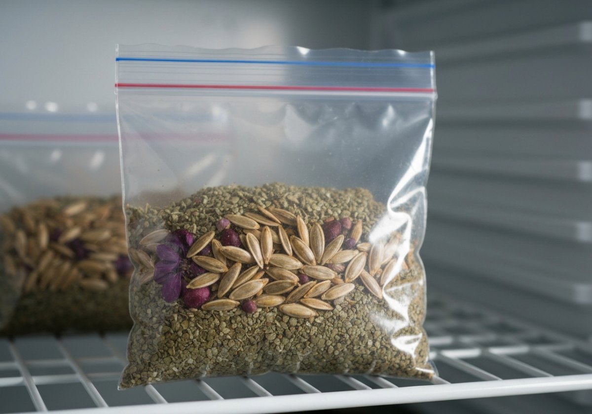 Cold-moist stratification: seeds mixed with barely-damp vermiculite in a labelled bag, held in the fridge at around 4 °C. (imagem gerada por IA)