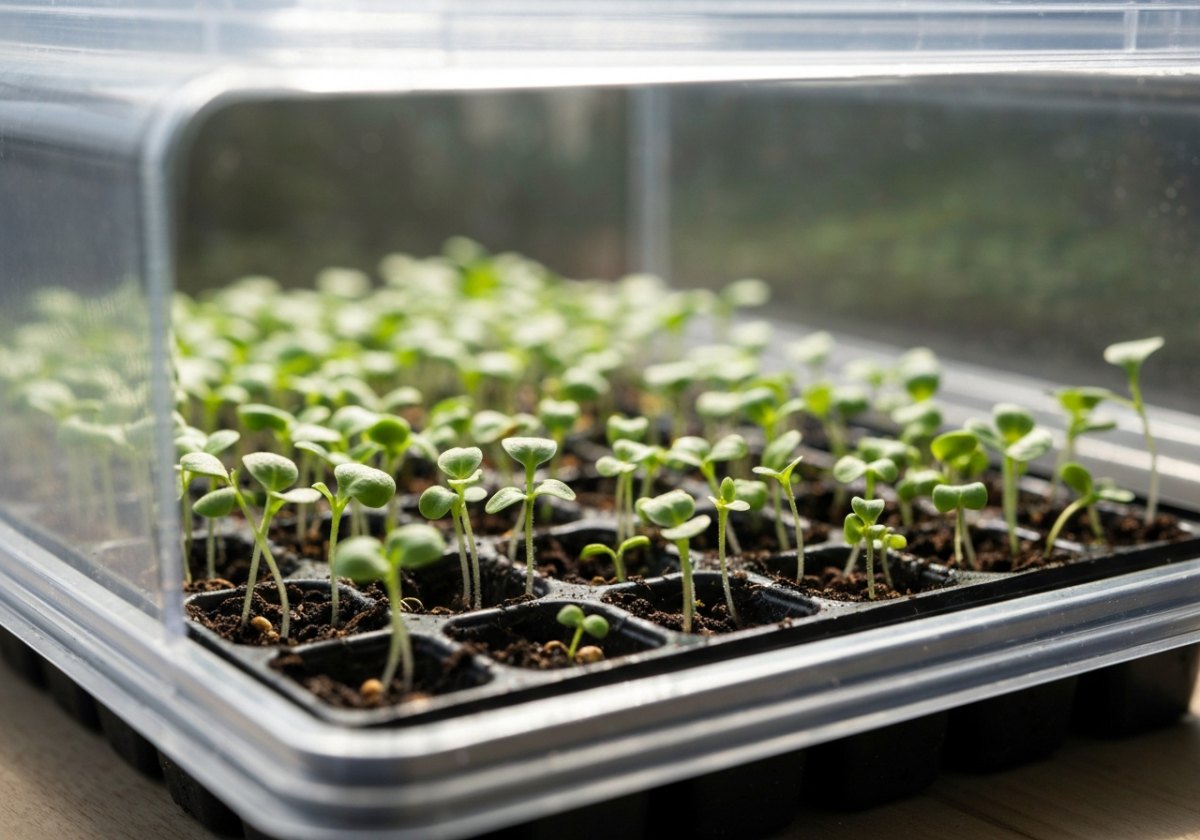 A humidity dome maintains even moisture during germination — vent it daily to supply fresh oxygen and prevent fungal rot. (imagem gerada por IA)