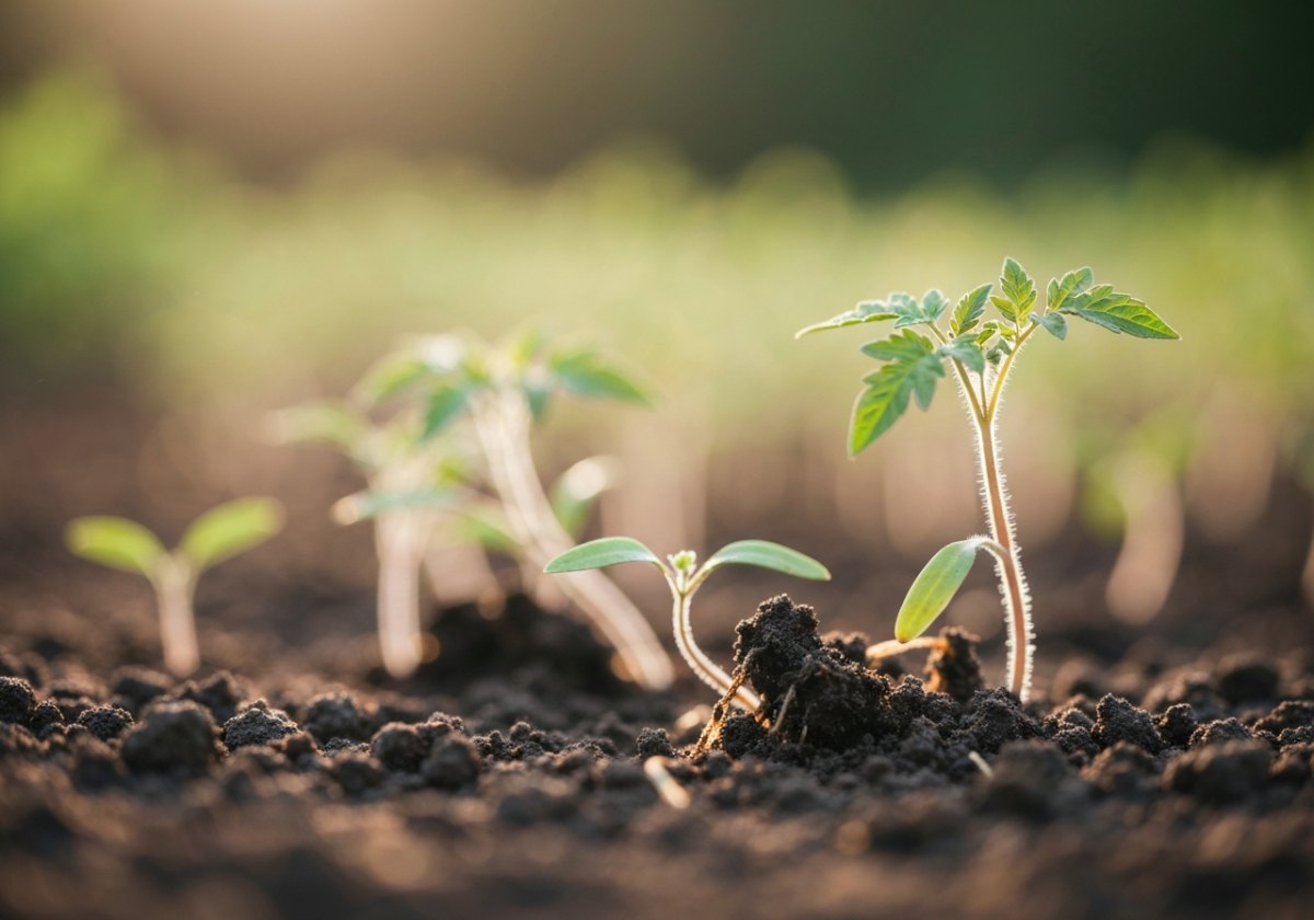 Classic damping-off: healthy seedlings pinched and toppled at the soil line. (imagem gerada por IA)