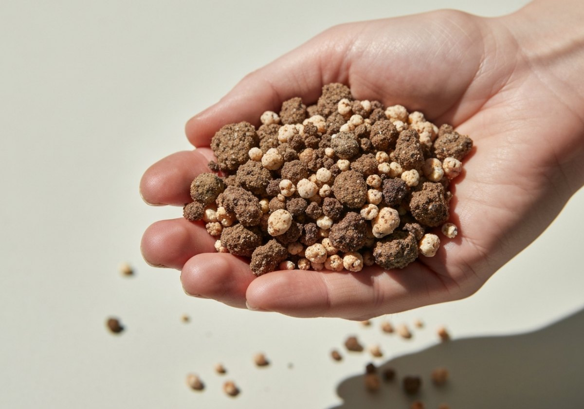 A well-structured mix crumbles and holds shape without squeezing out water — the right feel for germination. (imagem gerada por IA)