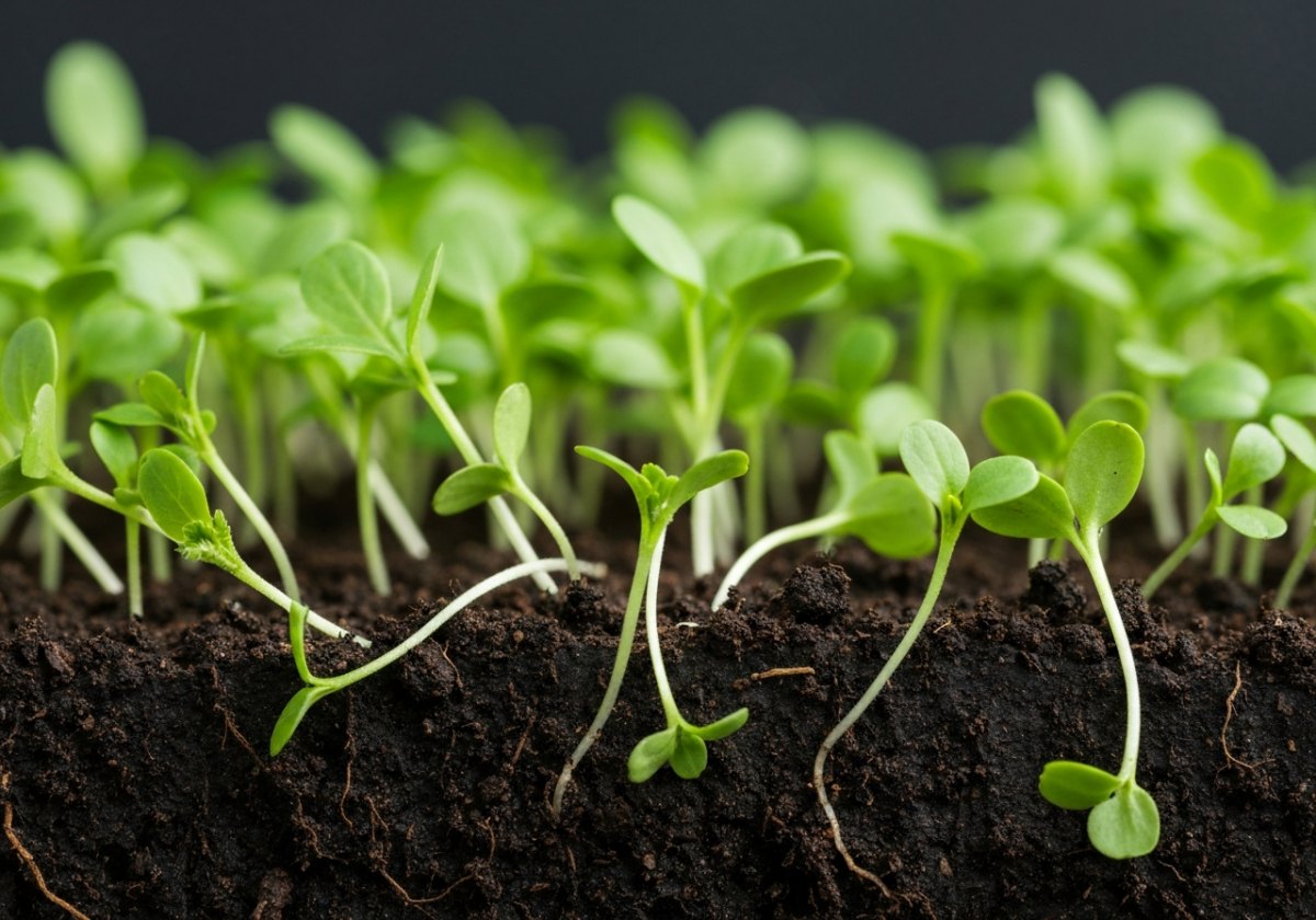 Damping-off: healthy-looking seedlings collapse at the base — almost always a sign of too much moisture and too little airflow. (imagem gerada por IA)