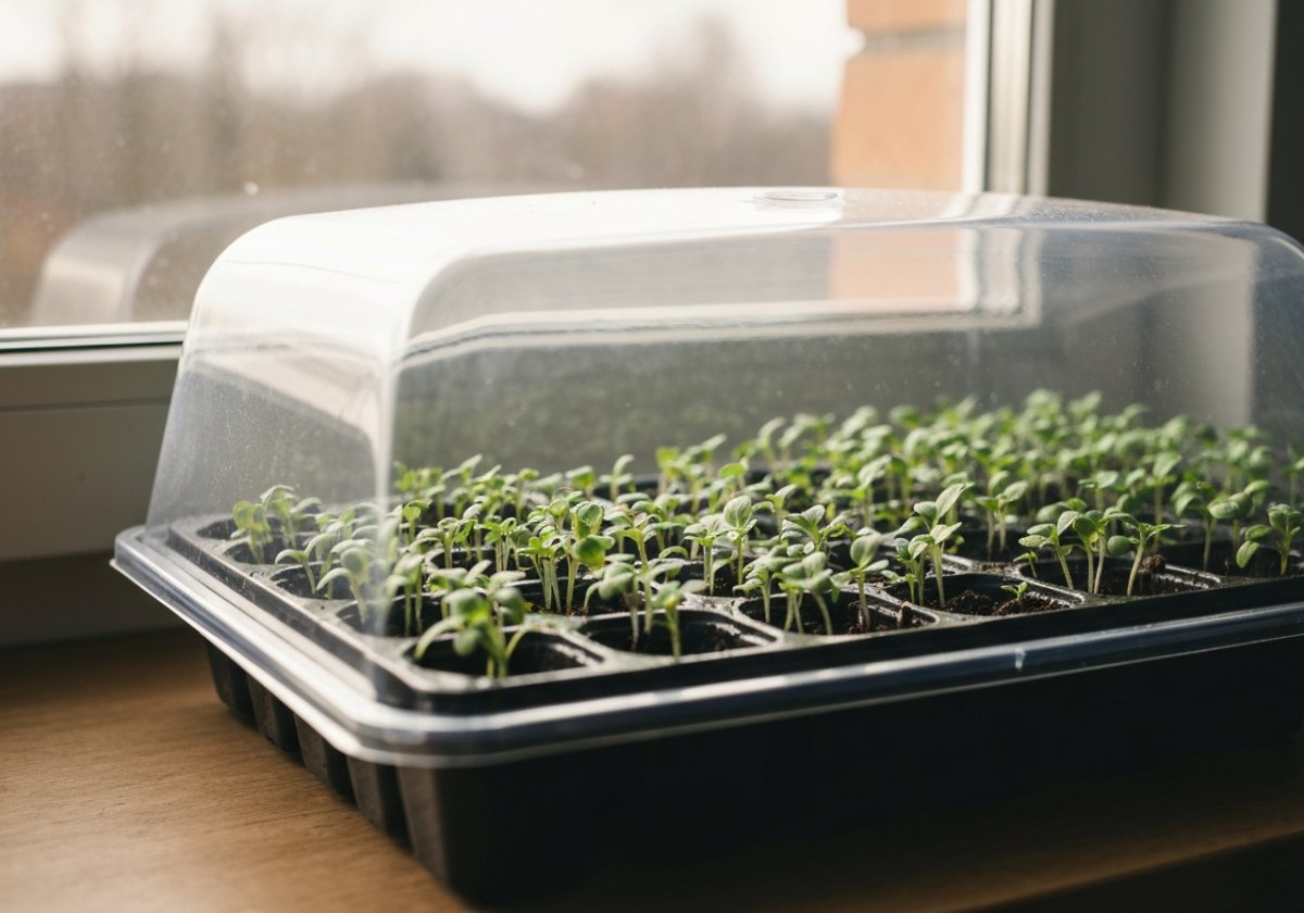 A humidity dome keeps the surface damp for slow germinators — vent it daily to prevent stagnation. (imagem gerada por IA)