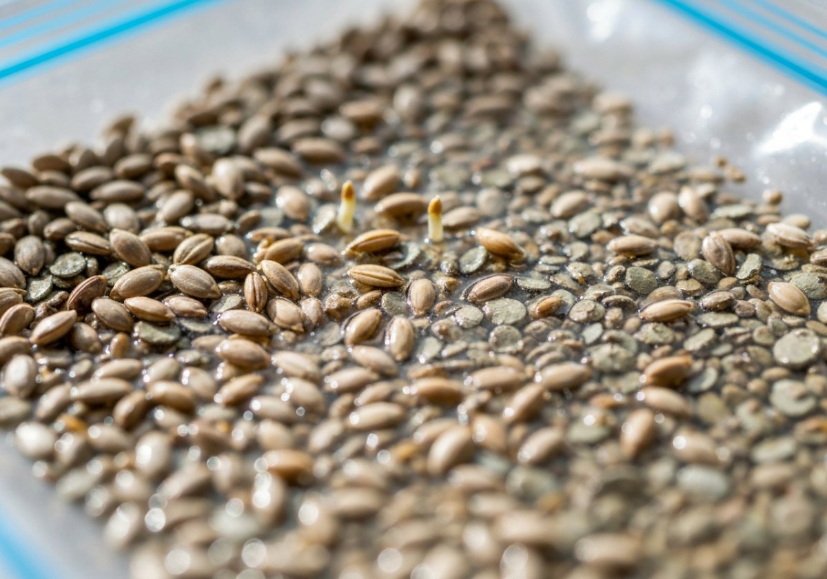 Cold-moist stratification: barely-damp vermiculite in a loosely sealed bag, checked regularly for mould or drying. (imagem gerada por IA)