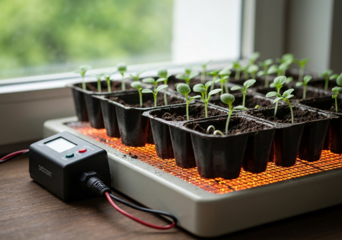 A thermostat-controlled heat mat gives you steady, repeatable bottom warmth — the foundation of consistent germination. (imagem gerada por IA)