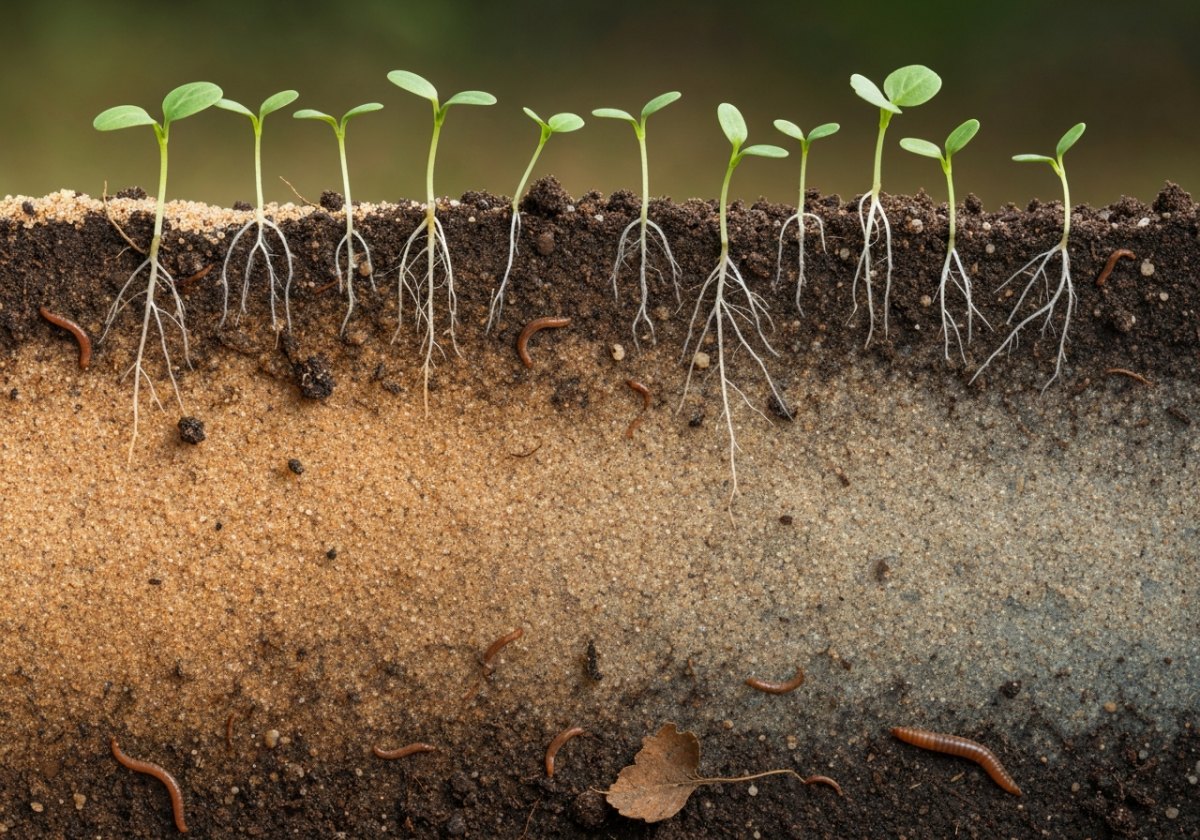 Near the surface, soil experiences the widest daily temperature swings — a cue many seeds read as "open ground." (imagem gerada por IA)