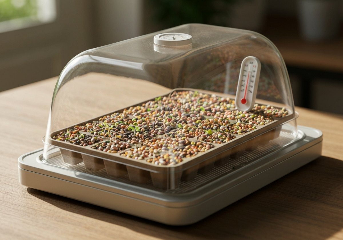 A heat mat on a timer under a humidity dome lets you dial in the warm phase, while the room provides the night drop. (imagem gerada por IA)