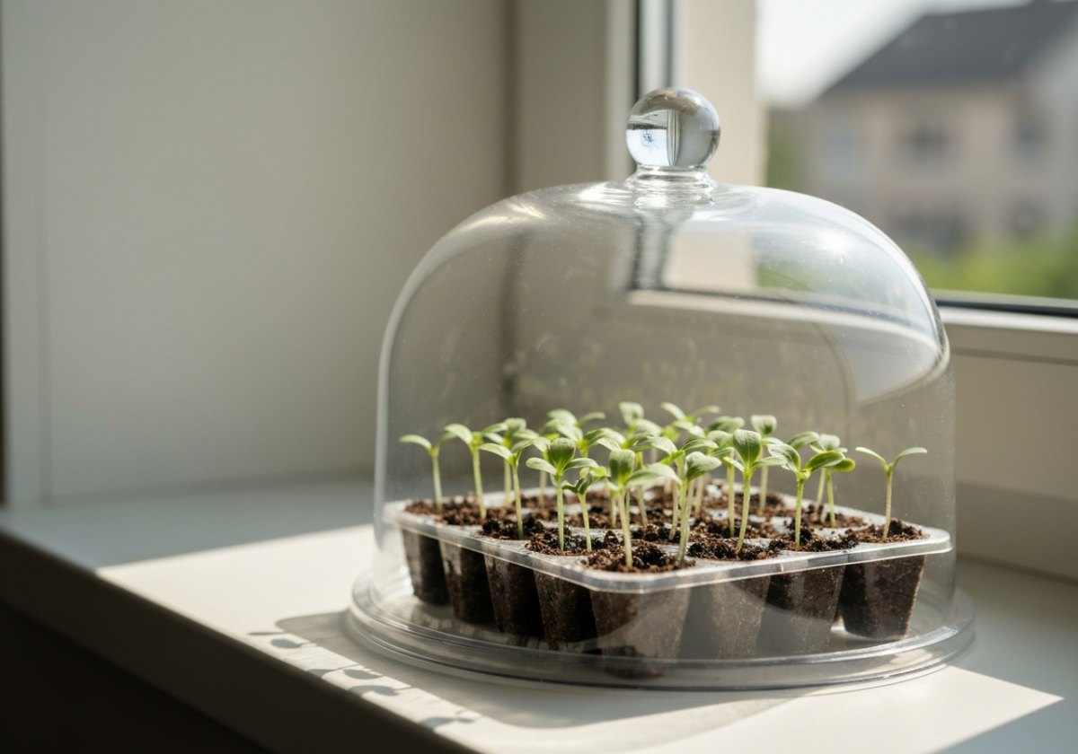 A clear humidity dome keeps surface-sown seeds moist without covering them in soil — ideal for light-germinators. (imagem gerada por IA)