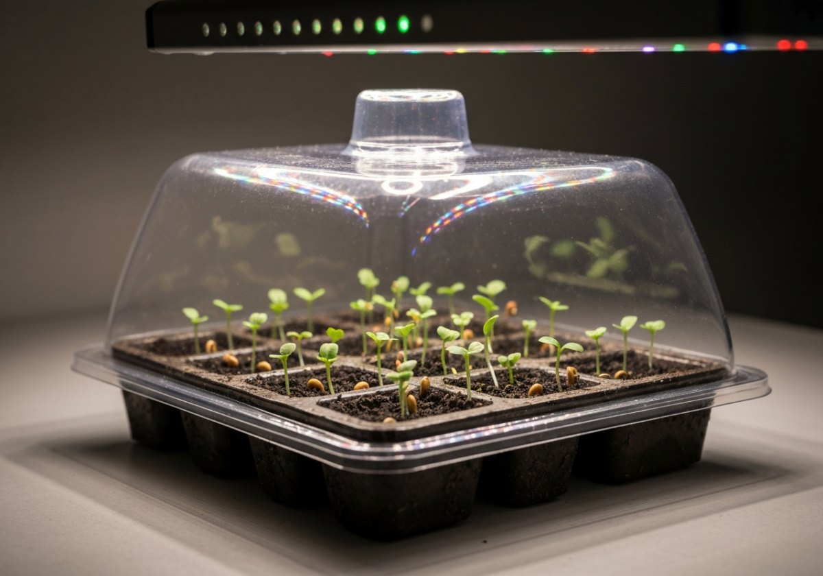 A clear dome maintains surface moisture for light-germinating seeds sown on top of the compost. (imagem gerada por IA)