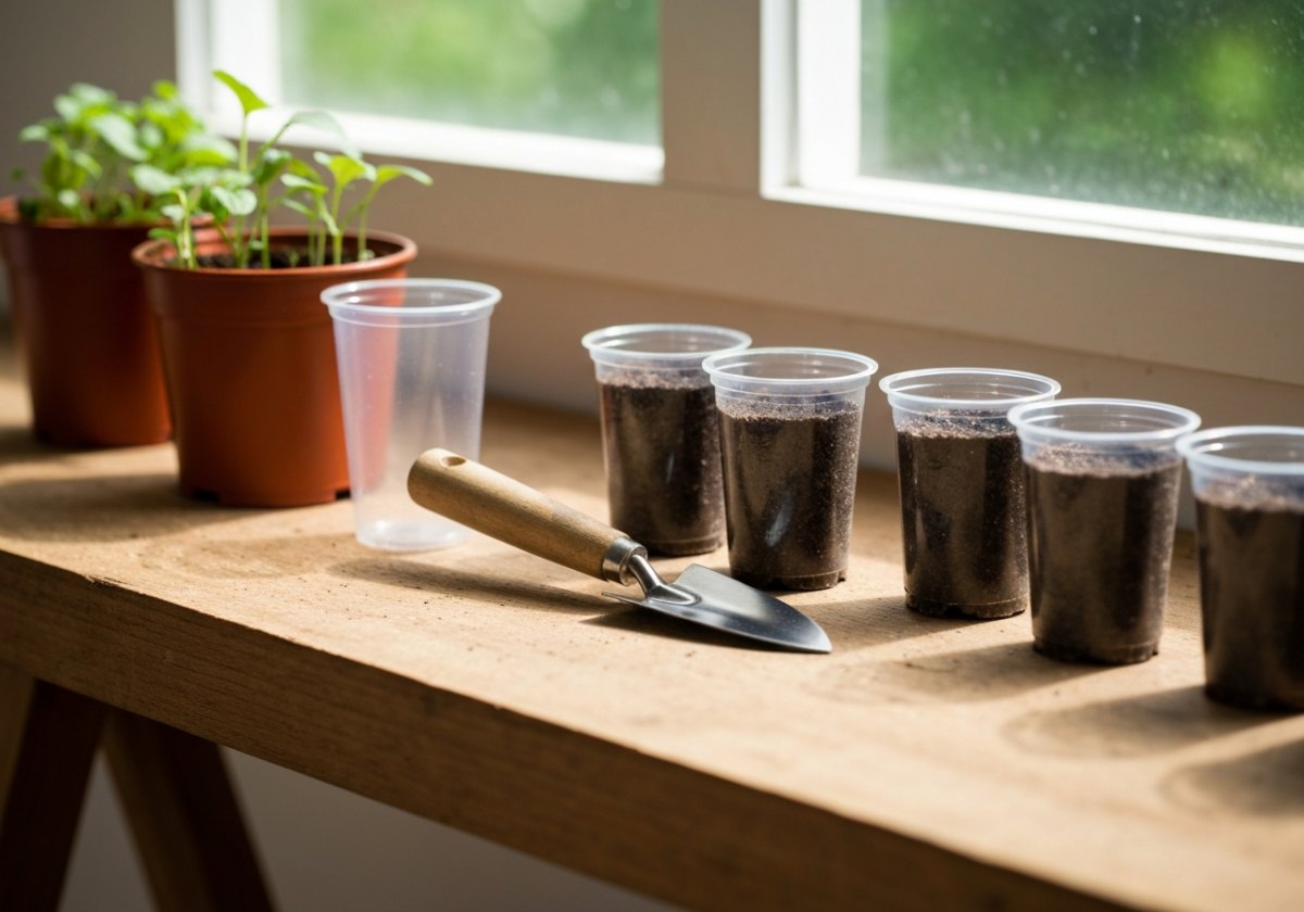A tidy, uncluttered sowing station: everything within reach, nothing left damp overnight. (imagem gerada por IA)