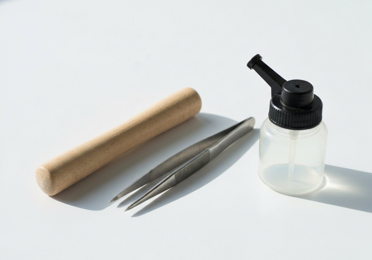 A modest toolkit: dibber, tweezers and a fine mister do most of the delicate work. (imagem gerada por IA)