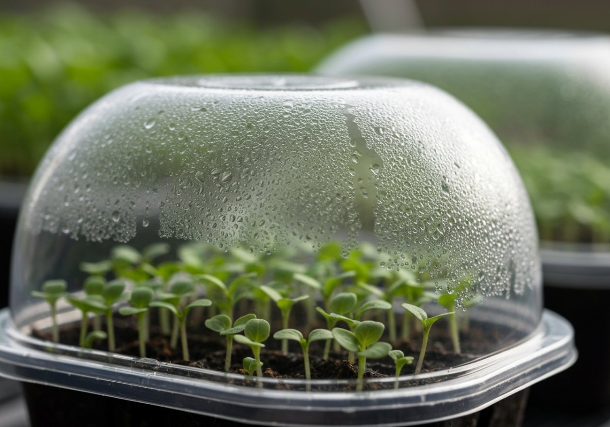 A clear dome keeps humidity high and moisture stable — vent it daily to prevent stagnant, mould-prone air. (imagem gerada por IA)