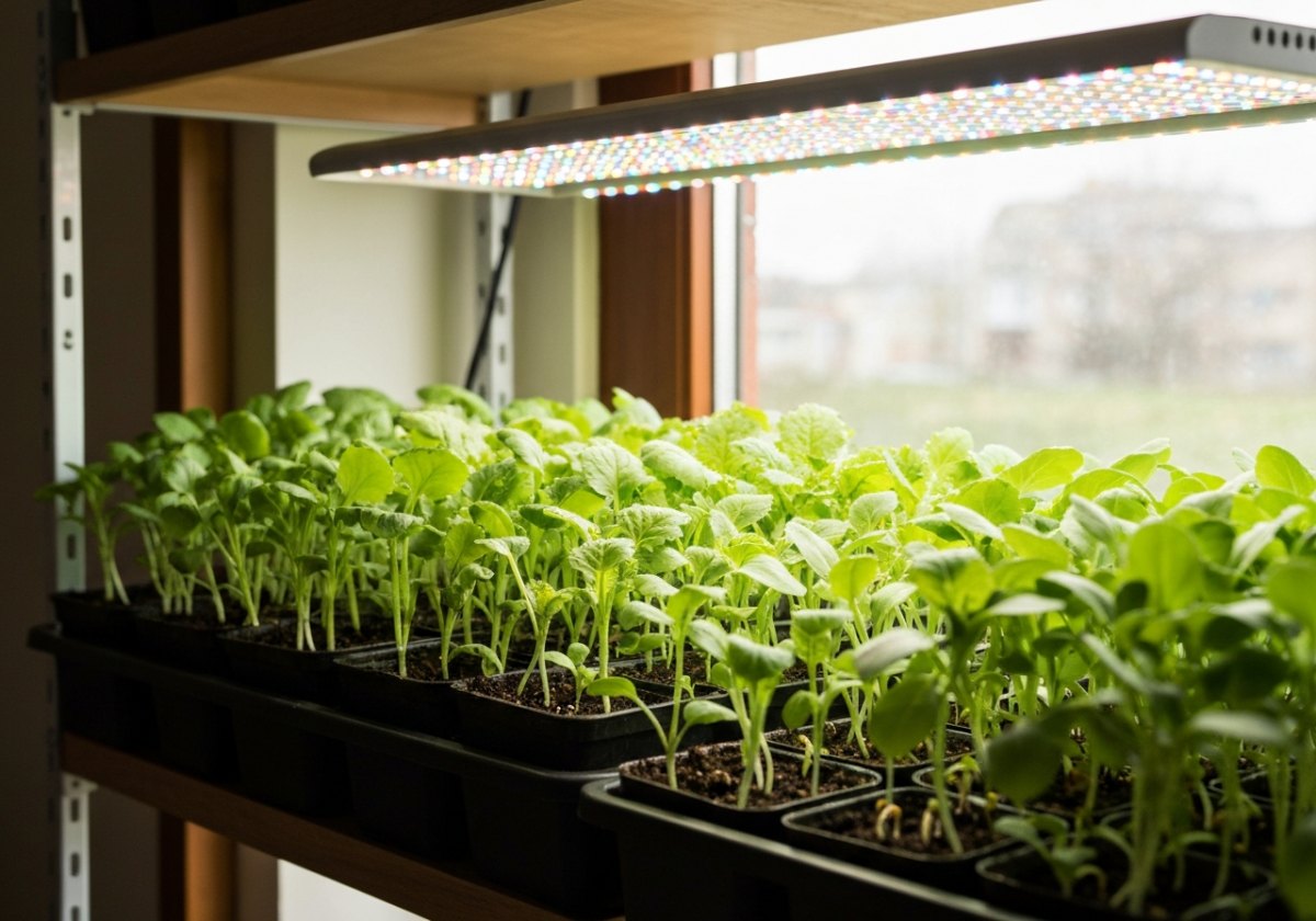 Grow lights kept 5–10 cm above the canopy prevent the pale, leggy stretch of light-starved seedlings. (imagem gerada por IA)