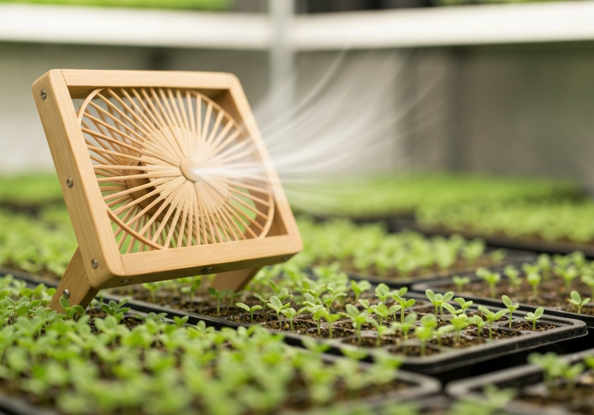 A gentle breeze thickens stems and keeps leaf surfaces dry, discouraging damping-off. (imagem gerada por IA)