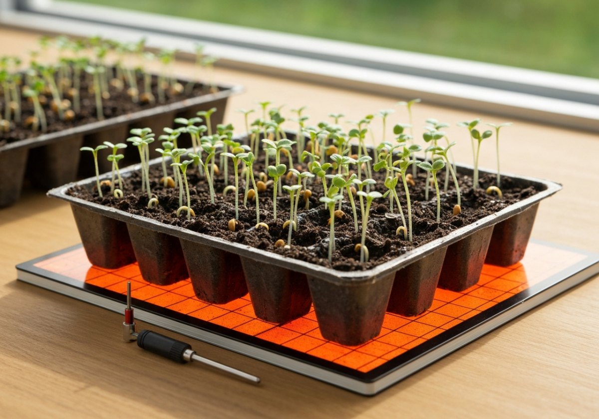 A thermostatically controlled heat mat keeps the root zone in the optimum band — often worth more than any fertiliser. (imagem gerada por IA)