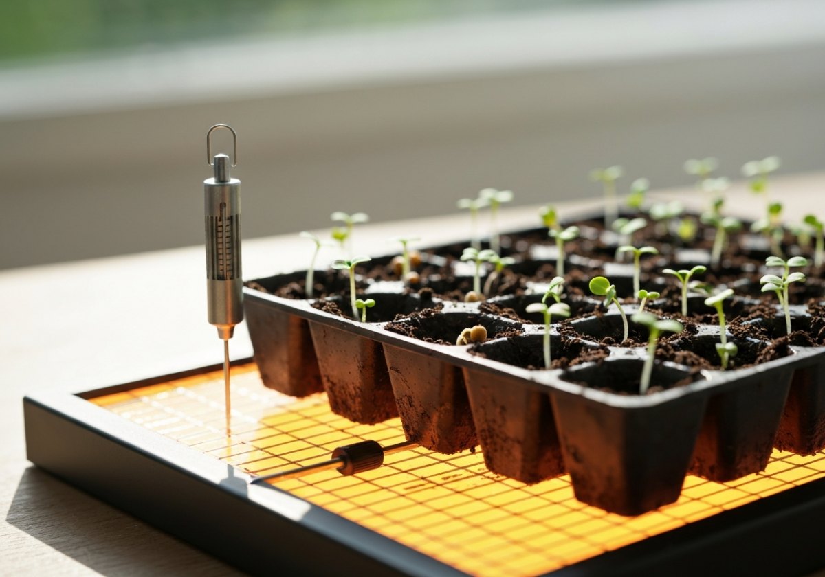 A thermostatically controlled heat mat holding 27 °C transforms germination of chillies and tropical seeds. (imagem gerada por IA)