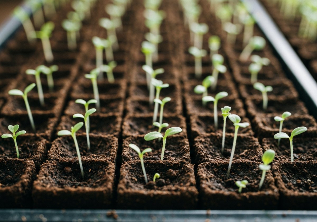 Uneven emergence in a single tray is normal, not a failure — some seeds simply wait longer. (imagem gerada por IA)