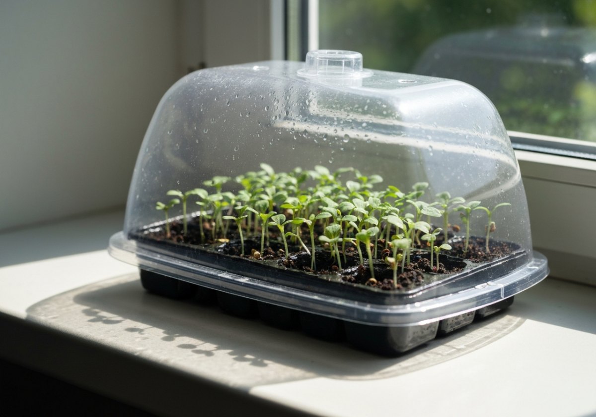 A humidity dome keeps the surface evenly moist — essential for the long weeks slow seeds need to work through dormancy. (imagem gerada por IA)