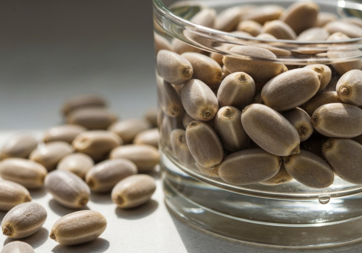 After soaking, imbibed seeds swell visibly while hard-coated ones stay small and firm — a clear diagnostic. (imagem gerada por IA)