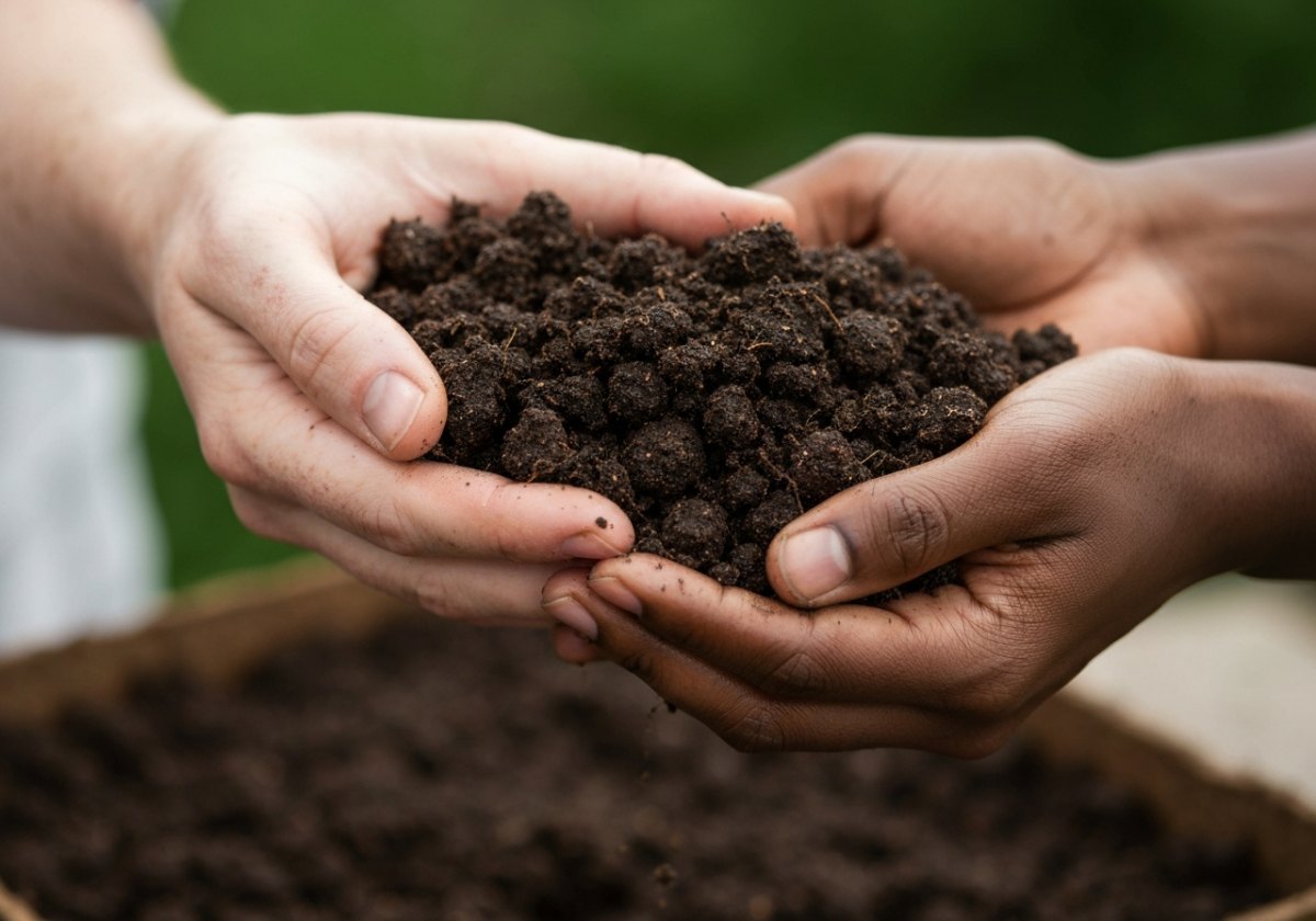 A well-structured germination mix should crumble, not clump, and feel evenly damp like a wrung-out sponge. (imagem gerada por IA)