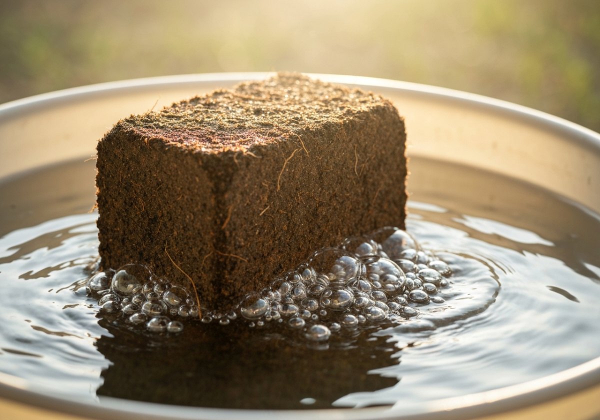 A compressed coir brick expands to roughly 8–9 litres of substrate when soaked in warm water. (imagem gerada por IA)
