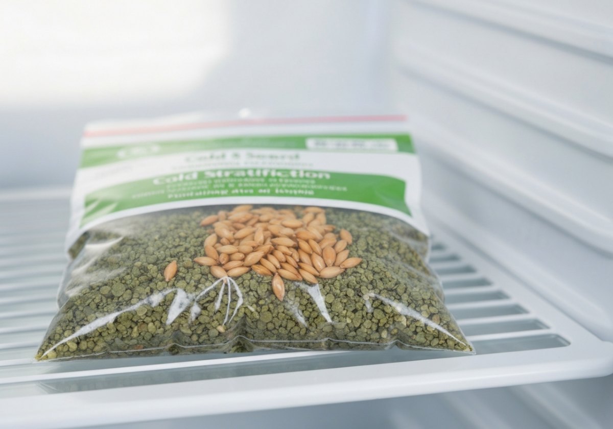 Cold stratification: seeds folded into just-damp vermiculite in a labelled bag, chilled at 3–5 °C. (imagem gerada por IA)