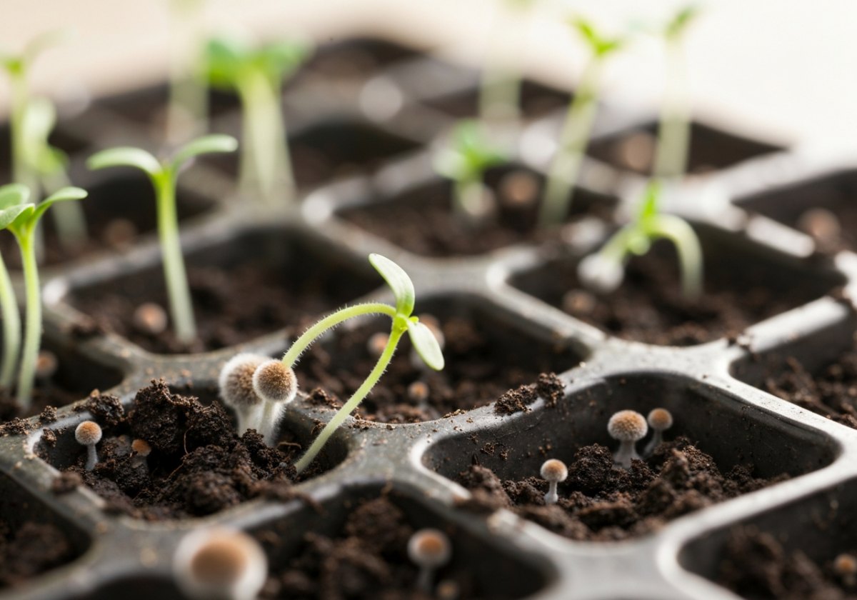 Damping-off: healthy-looking seedlings collapse at the soil line within a day. Prevention through a clean substrate is far easier than any cure. (imagem gerada por IA)