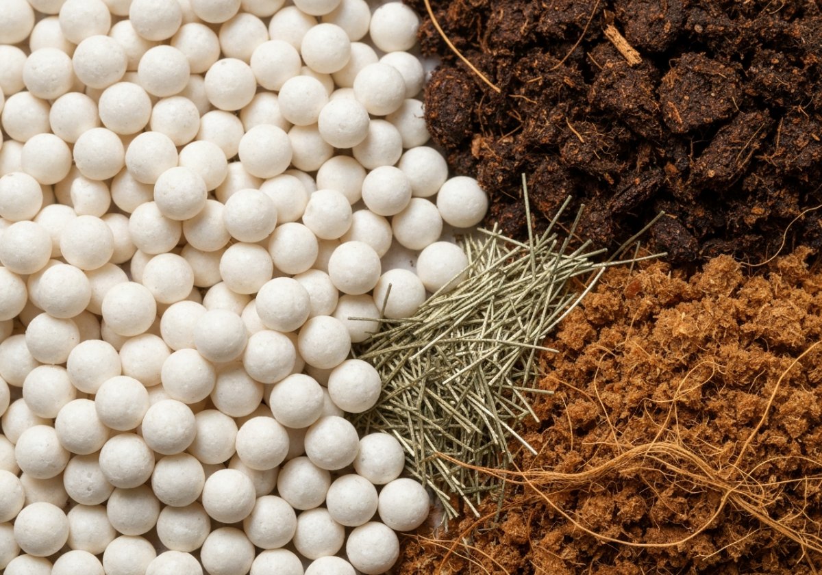 The core ingredients: coir, perlite and vermiculite. Buy them dry and store them sealed until you are ready to blend and sterilise. (imagem gerada por IA)