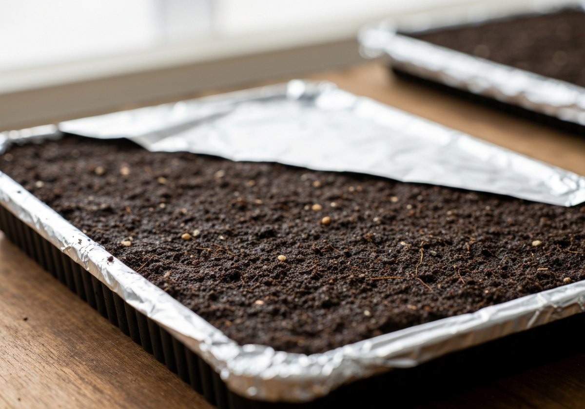 Damp substrate spread shallow and covered before heat treatment. Even heat penetration is the difference between real sterilisation and a warm surface only. (imagem gerada por IA)